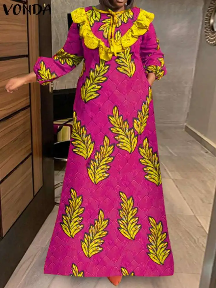 Plus Size 5XL VONDA Summer Women Evening Maxi Dress Vintage Floral Printed Lace Sundress Long Sleeve Bohemian Beach Robe Femme