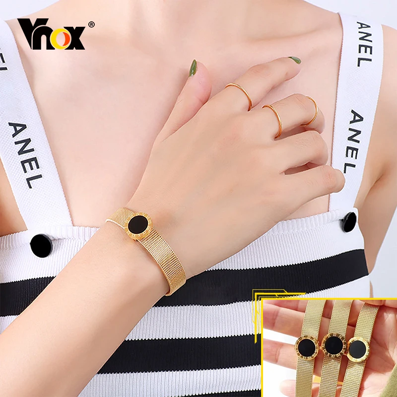 

Vnox Decliate Double-Sided Shell Roman Numerals Charm Bracelets for Women,Gold Tone Stainless Steel Metal Mesh Wristband Gift