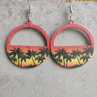 beach print landscape wood earrings for women hollow sunset coconut grove vacation water drop earrings personality charm gifts