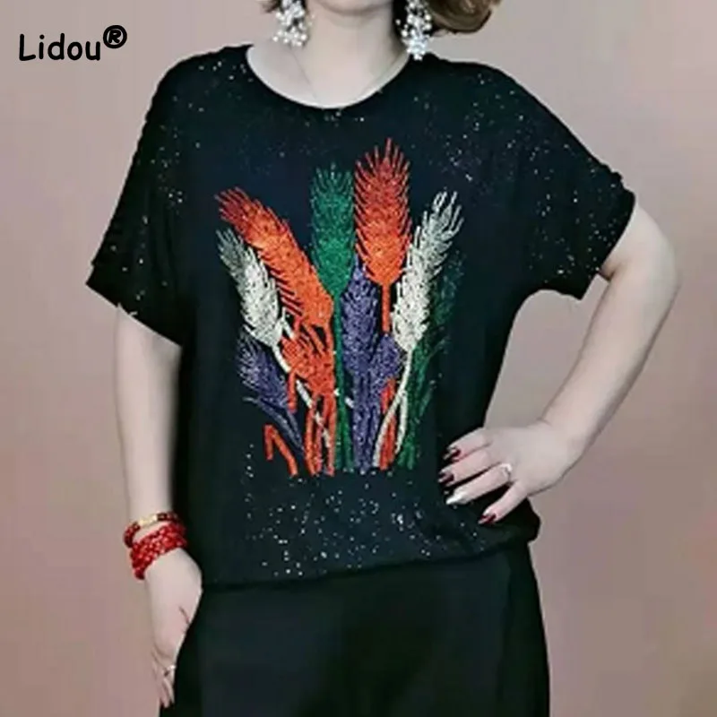 

Trend Fashion Women's Clothing Diamonds Spliced Short Sleeve T-shirt 2023 Summer Korean Casual Round Neck Loose Tops for Female