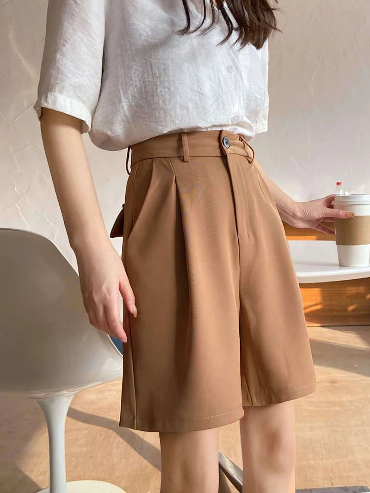 2023 Summer Women Black Suit Shorts Wide Leg High Waist Knee-length Shorts with Pockets Button Ladies Casual Loose Short Pants