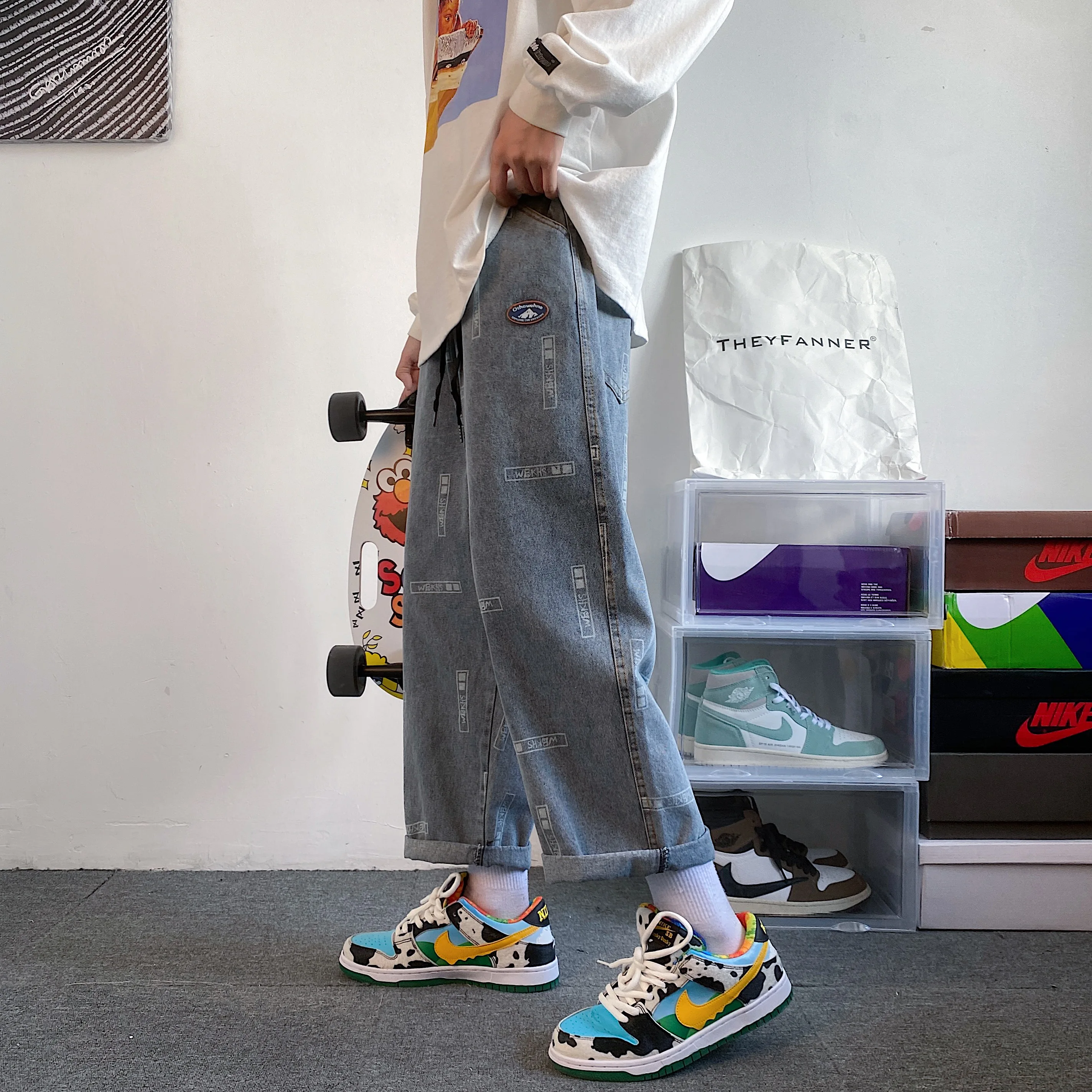 High Street Letter Print Straight Baggy Blue Jeans For Men Casual Korean Fashion Denim Trousers Y2K Streetwear Clothings