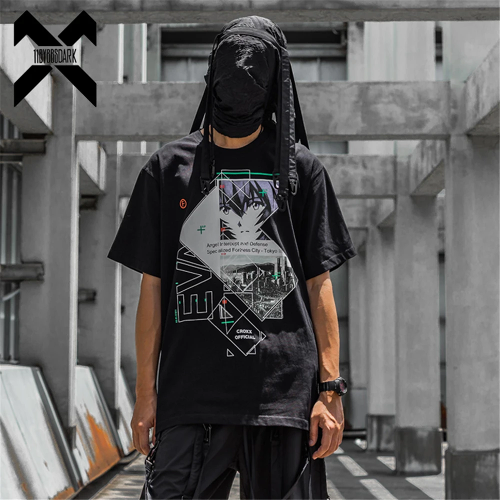 Футболка мужская с мультяшным принтом в стиле хип-хоп, свободная рубашка с короткими рукавами в японском стиле, хлопковая уличная одежда в стиле Харадзюку, черная WB707, 2022