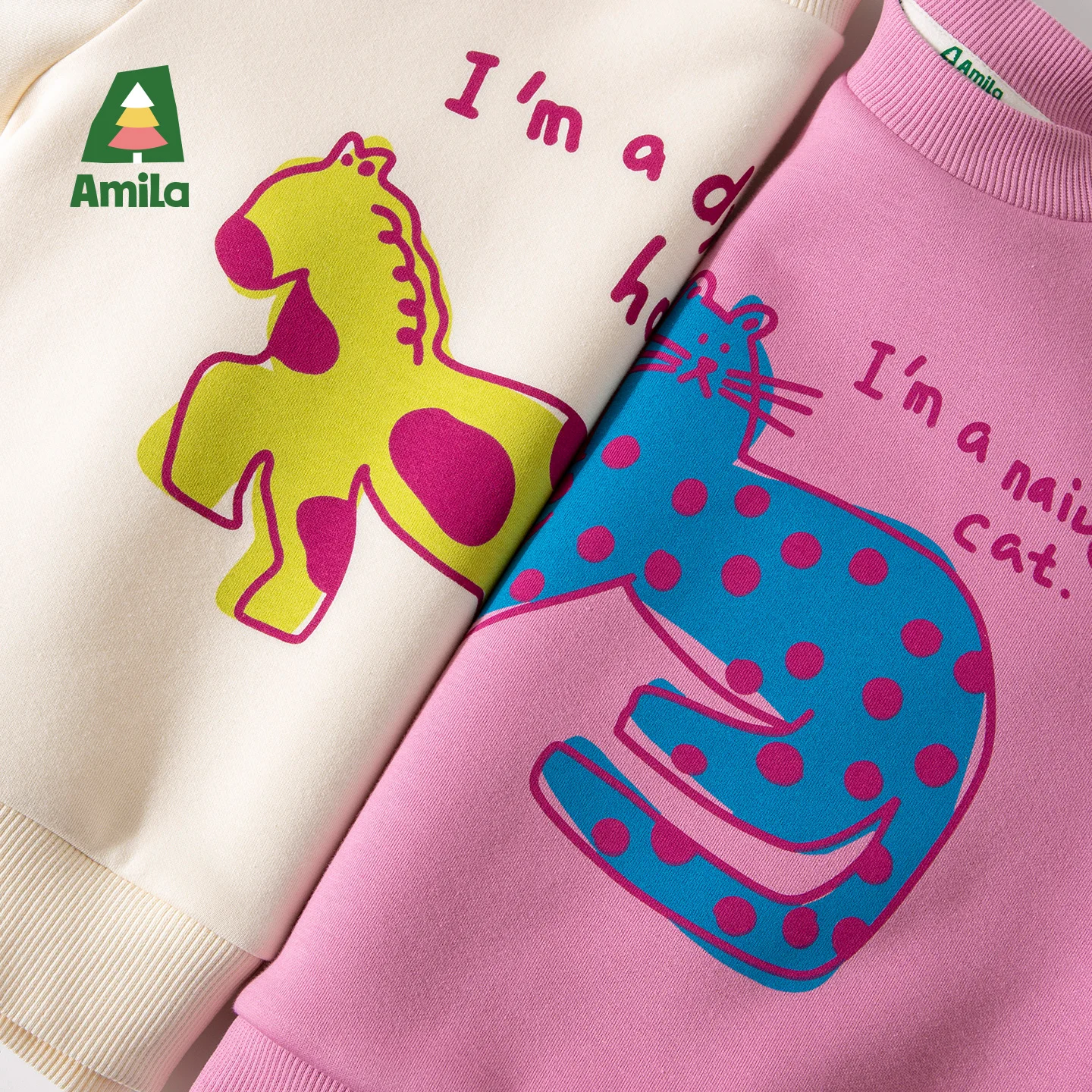 Фото Amila Kids 2025: зимняя детская спортивная толстовка для отдыха, желтый, бежевый, темно-серый, темно-красный, розовый, с забавным принтом №5