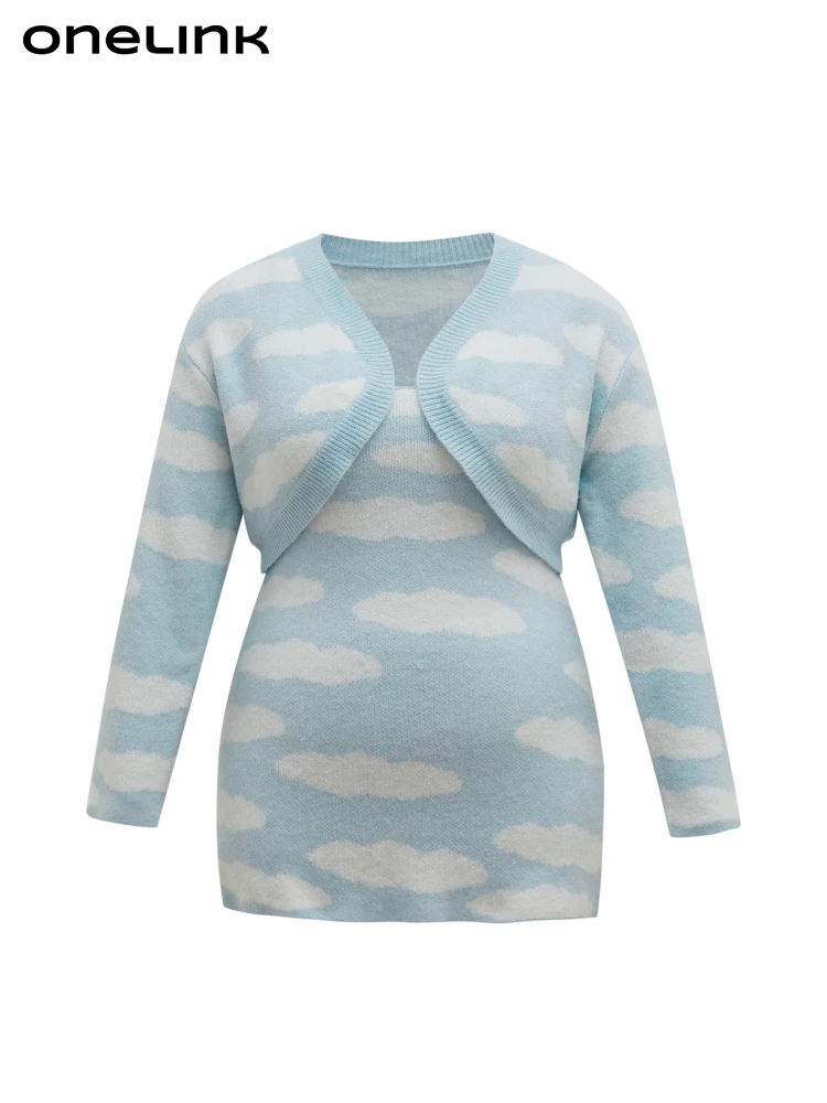 ONELINE Sky Blue White Cloud Plus Size Women Woolen Spaghetti Strap Mini Sweater Dress Cape Open Cardigan Coat 2 Pieces Set