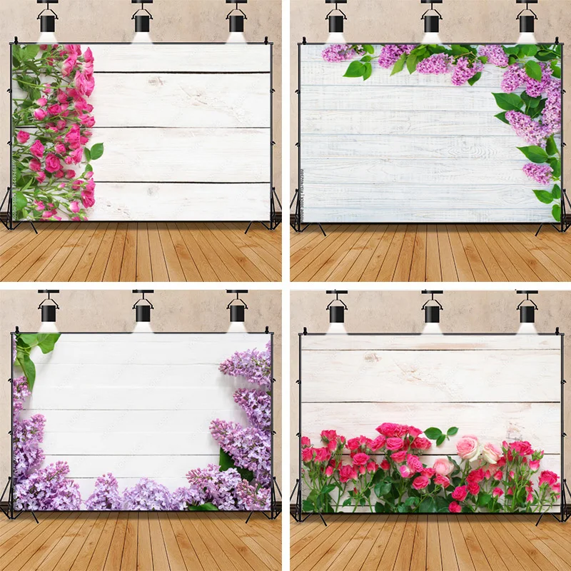 

Vinyl Custom Photography Backdrop Simulated Flowers and Wooden Board Photography Studio Background WYY-05