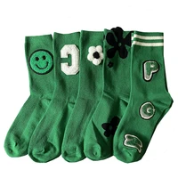 green color socks women korean style cute 3d flower smiley letters accessories cotton crew socks set for lolita girl 4 pair pack