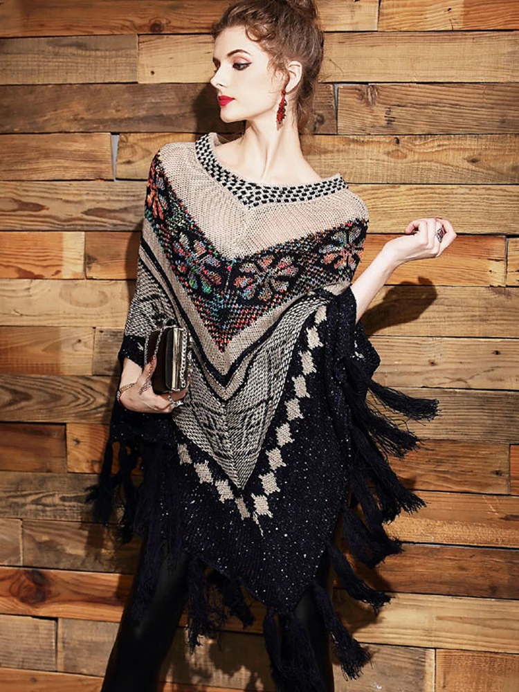 

European Style Tassel Cape Ethnic Style Sequins Batwing Sleeve Loose Tops Women Knitting Sweater Fashion Travel Outer Mantle
