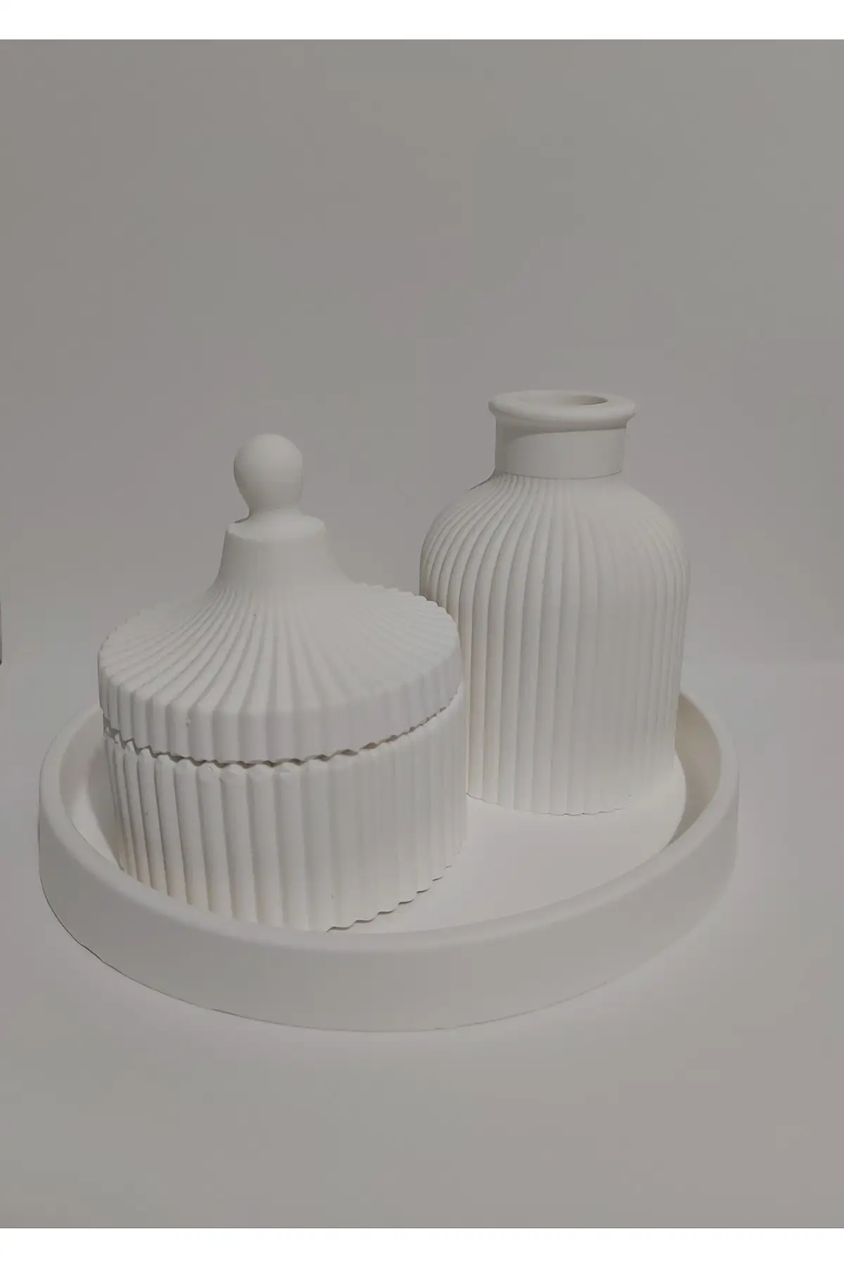 

Concrete One Size Decorative Object and Trinket Home & Decorating Set Containing Mini White Vase, Round Tray And A Stylish Lid Box