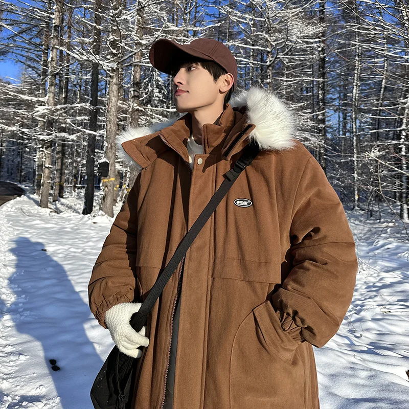 Winter Jacket Men Warm Fashion Fur Collar Hooded Thickened Jacket Men Streetwear Dress Korean Loose Thick Short Coat Mens Parker