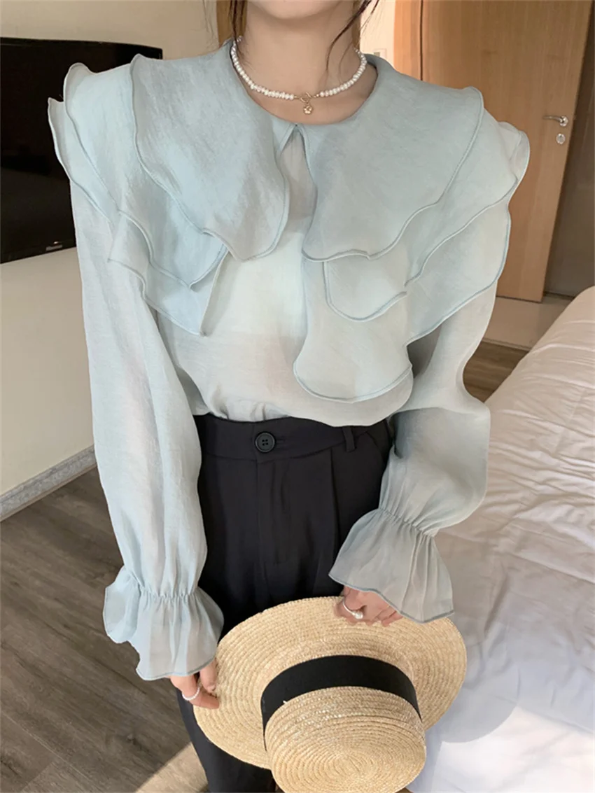 Блузка женская шифоновая с длинным рукавом и оборками в винтажном стиле | Женская