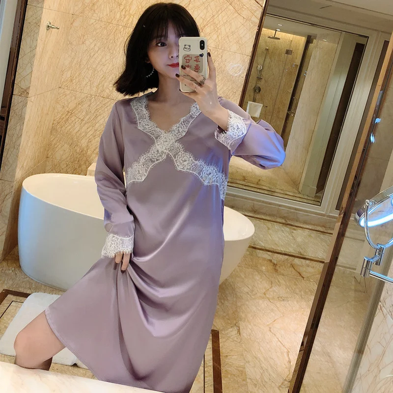 Spring Satin Nightdress Women Lace Faux Silk Long Sleeve V-Neck Sleepshirt French Court Style Nightgowns Sexy Home Dressing Gown