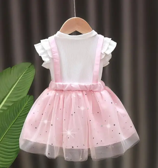 

Kids Girls Sister Bow Tie Pink Gray Color Pattern Shirt Short Sleeve Dresses Princess Dress