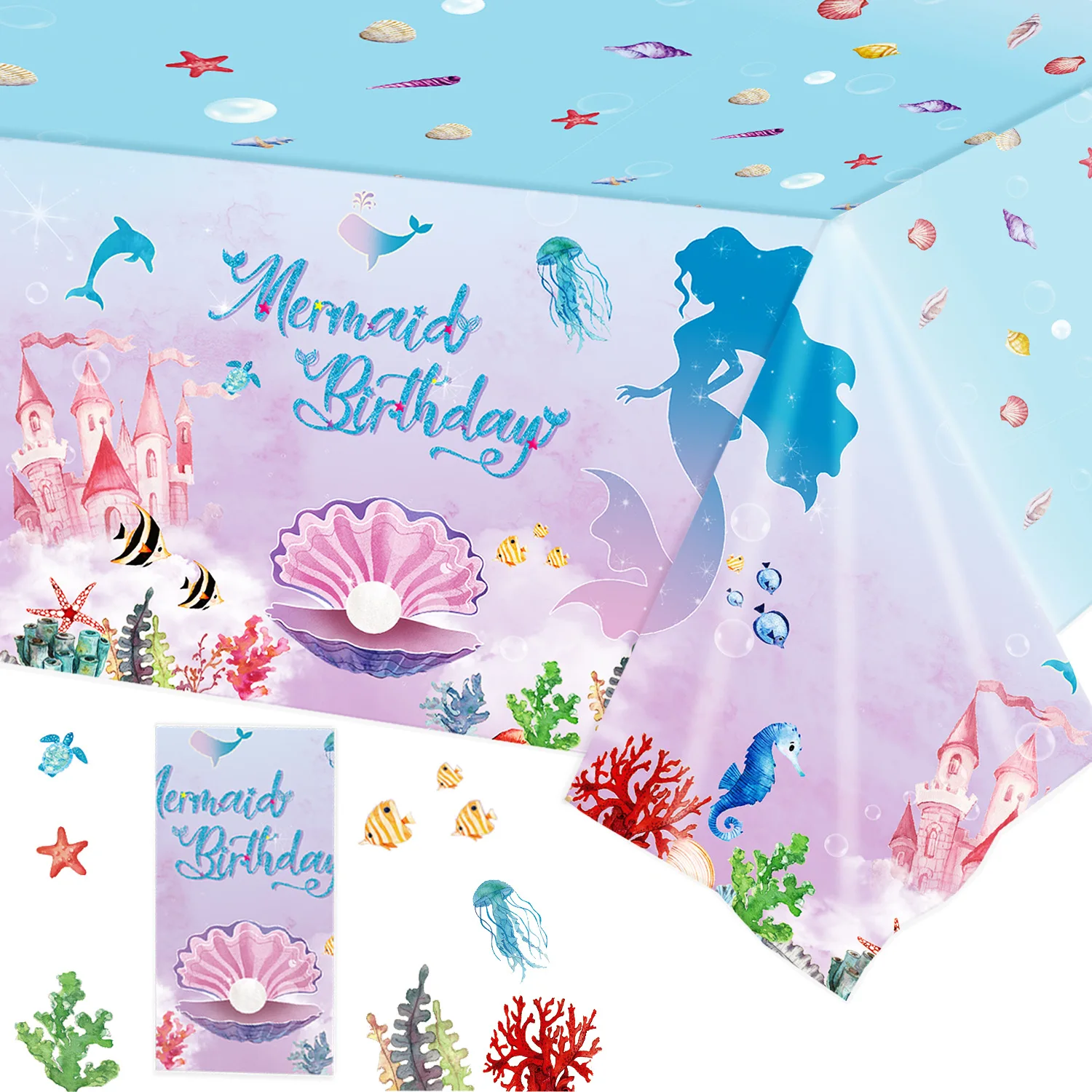 

Adult Children's Birthday Field Party Cup Paper Napkin Tray Shell Mermaid Theme Disposable Supplies Tableware Set