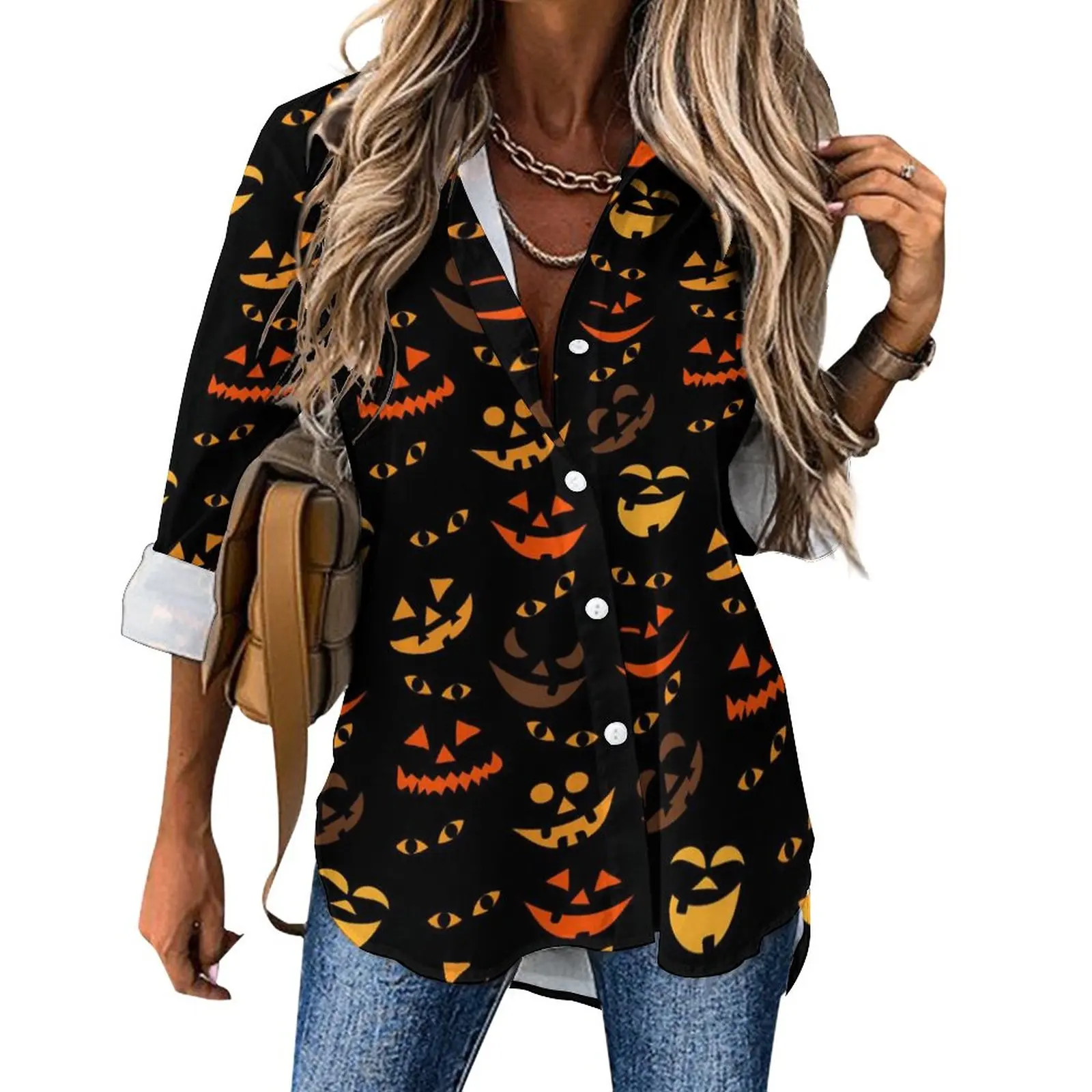 

Pumpkin Print Blouse Female Halloween Faces Street Wear Loose Blouses Spring Long Sleeve Elegant Shirts Graphic Clothes Big Size