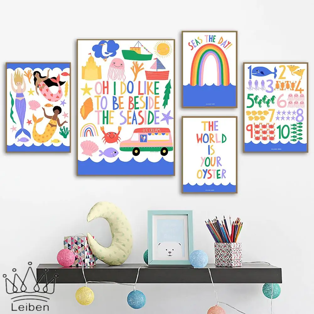 

Cartoon Sea Creatures Mermaid Wall Art Poster Digital Children Educational Canvas Painting Nursery Wall Art Pictures Home Decor