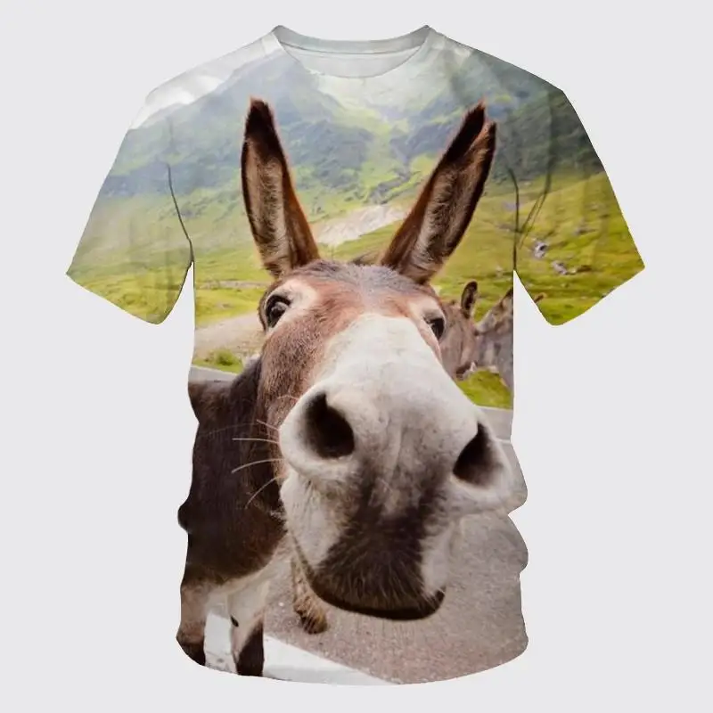 Summer New Hip -Hop Funny Men's T -shirt, Cute Iittle Donkey 3D Printing Animal Round Collar Tees Short -Sleeved Cool Dry Tops.