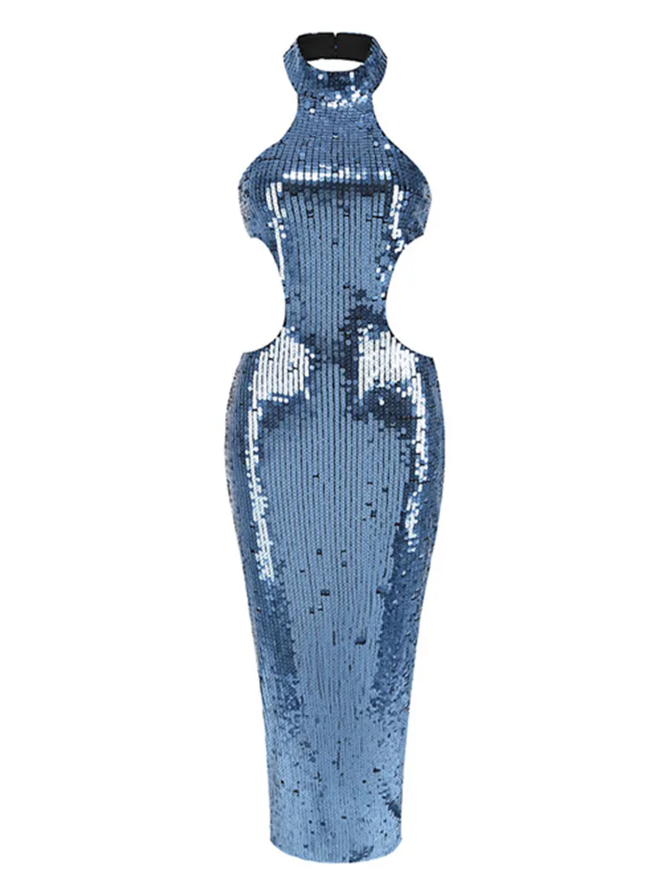 Женское платье средней длины с открытой спиной темно-синее блестками и лямкой на