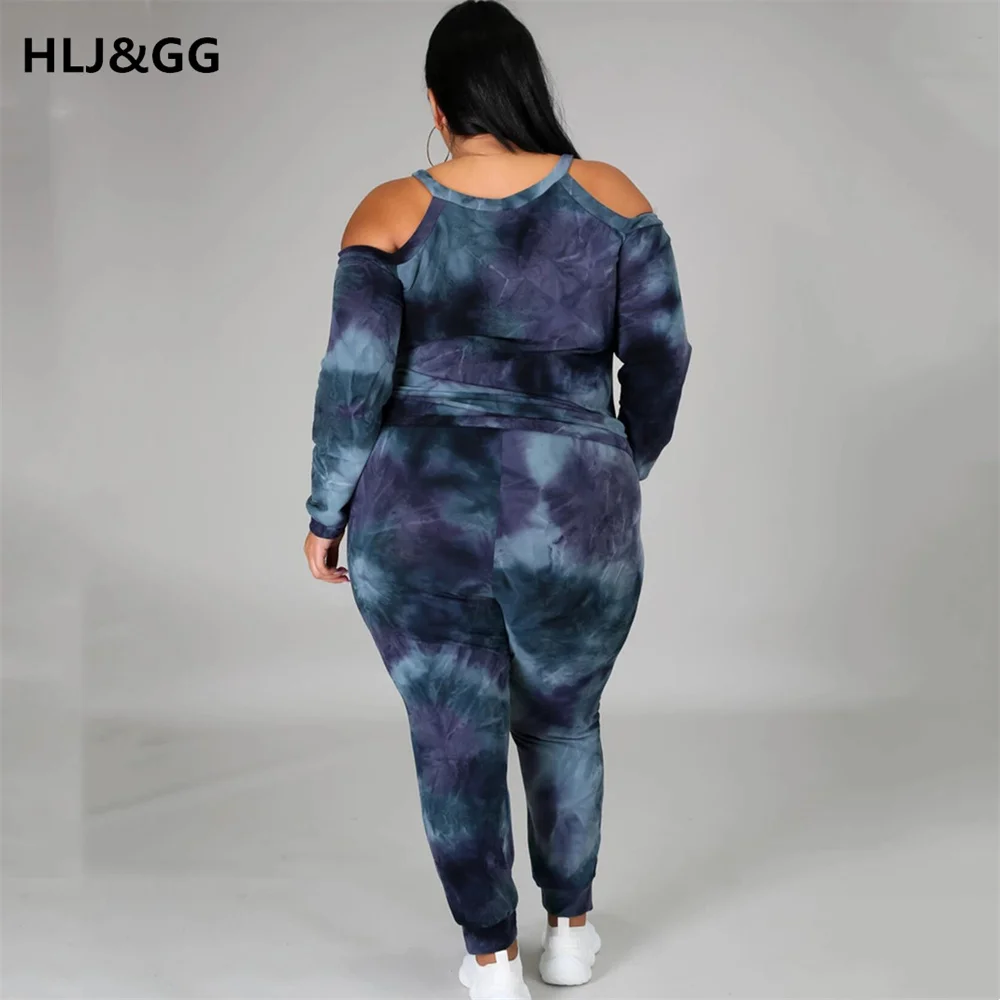 HLJ&GG Tie Dye Off Shoulder Plus Size Sport Casual Suits Sets Women 2Pcs Tracksuit Fashion Long Sleeve T-Shirt+Long Pants L-5XL