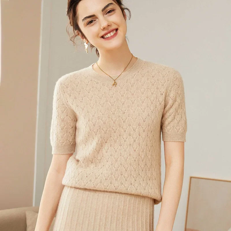 Женский свитер из чистой шерсти с короткими рукавами новый стиль пуловер круглым