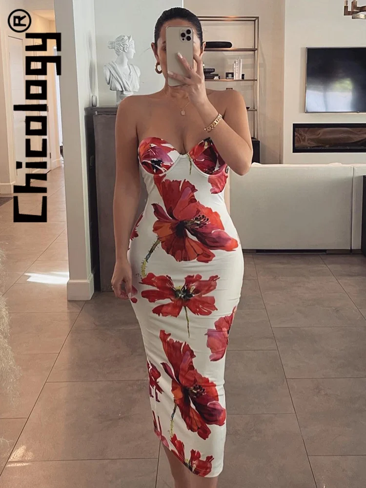 

Chicology 2022 Women Strapless Flower Printing Ruched Bodycon Midi Dress Sexy Elegant Party Festival Evening Vacation Clothes