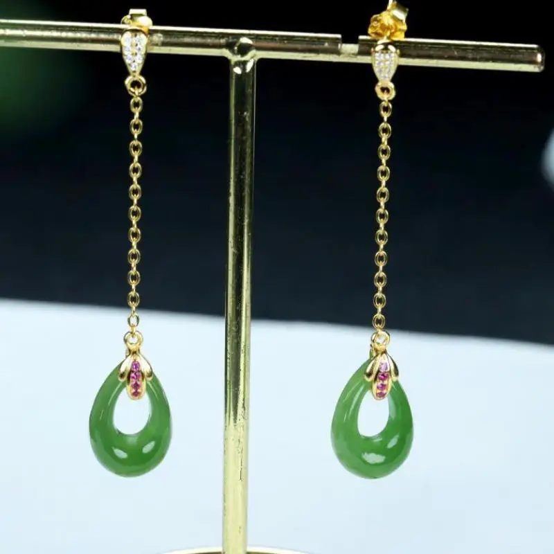 

Натуральные зеленые нефритовые полые серьги-кисточки в форме капли воды, модель 925 из стерлингового серебра, рубиновое Chinese Nephrite Hetian Jades длинные женские серьги