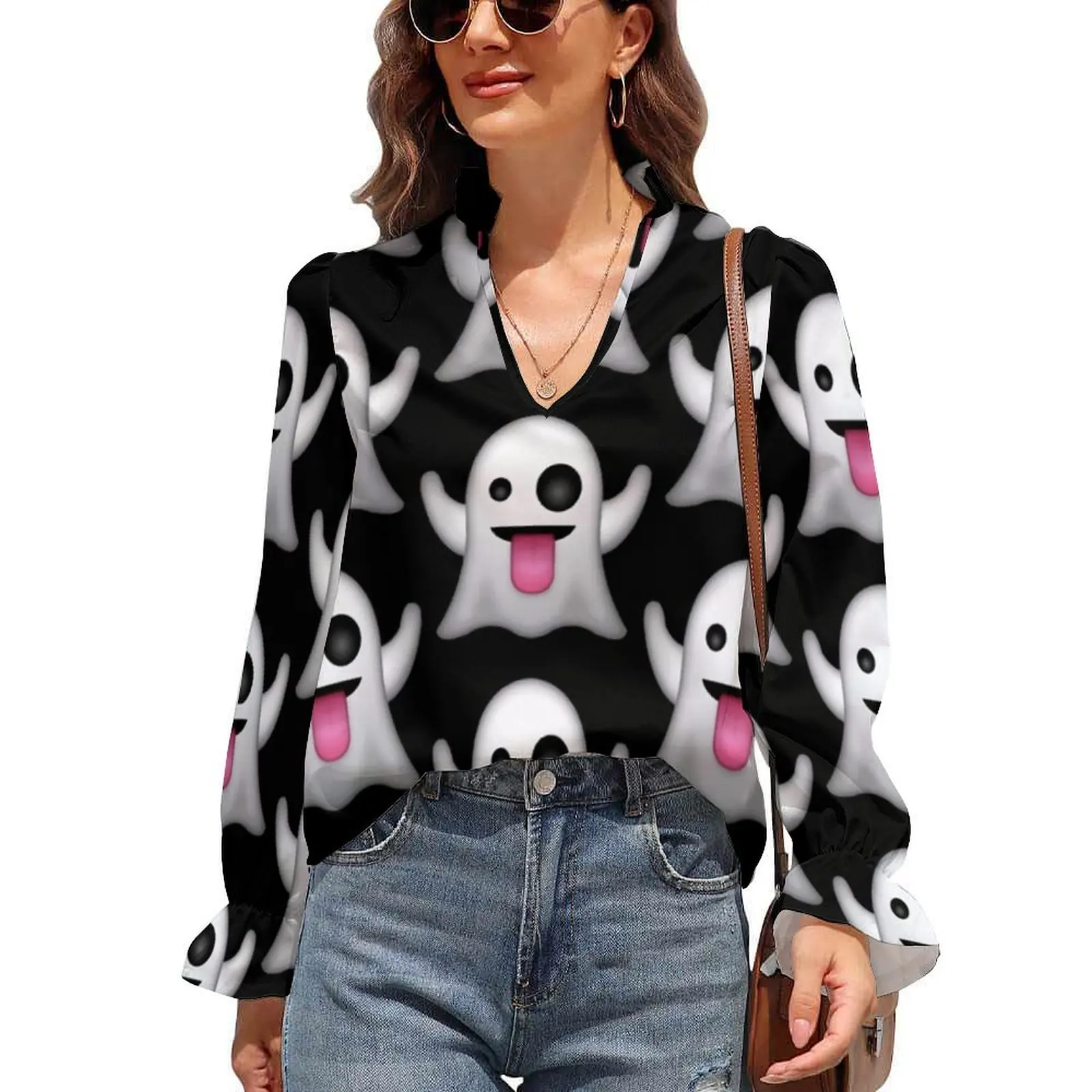 

Silly Ghost Chiffon Blouse Long Sleeve Cute Halloween Ghosts Aesthetic Blouses Lady V Neck Street Fashion Shirt Autumn Print Top