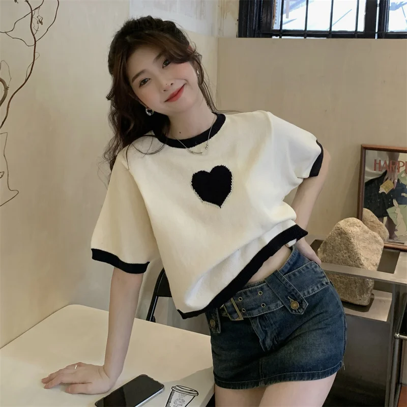 

Short Sleeve Woman Tshirts Contrast Color Love T-shirt Women Summer Loose Short Knitted Top Korean O-Neck Tees