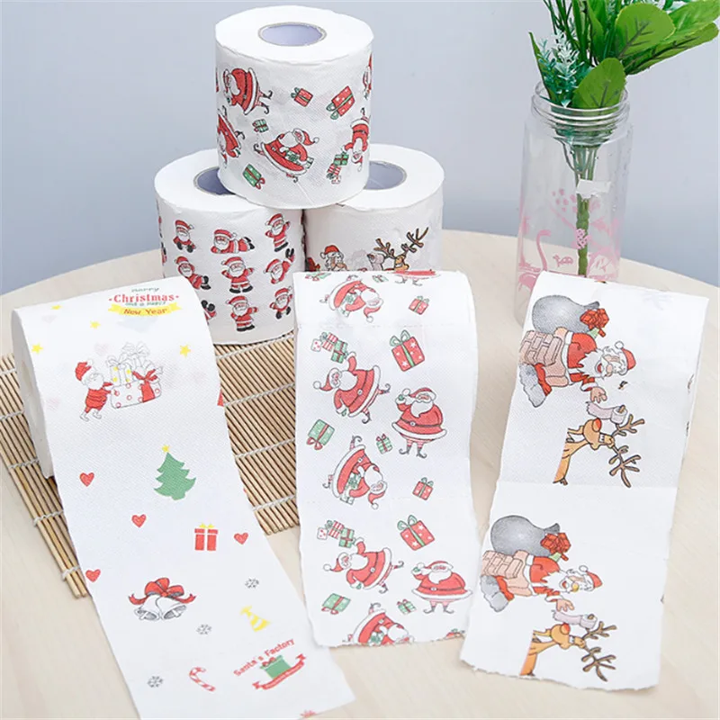 Christmas Toilet Paper Festival Theme Printed Wood Pulp Toilet Paper Festive Gifts Roll Santa Claus Reindeer Xmas Decor Supplies