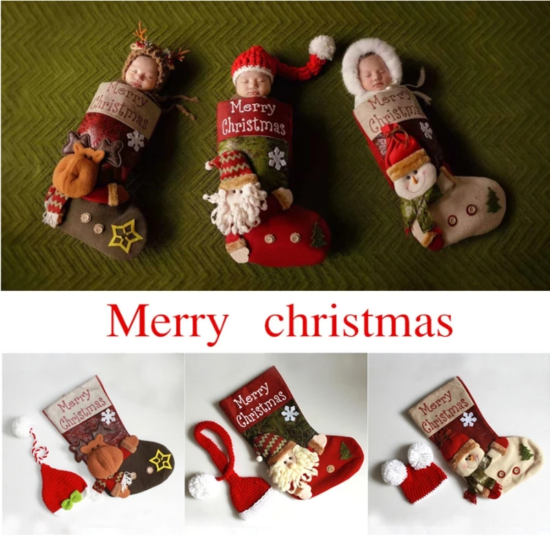 

Christmas Newborn Photography Prop Red Knitting Hat Christmas Stocking Sleeping Sack Baby Photo Prop for 0-2 Months Baby H055