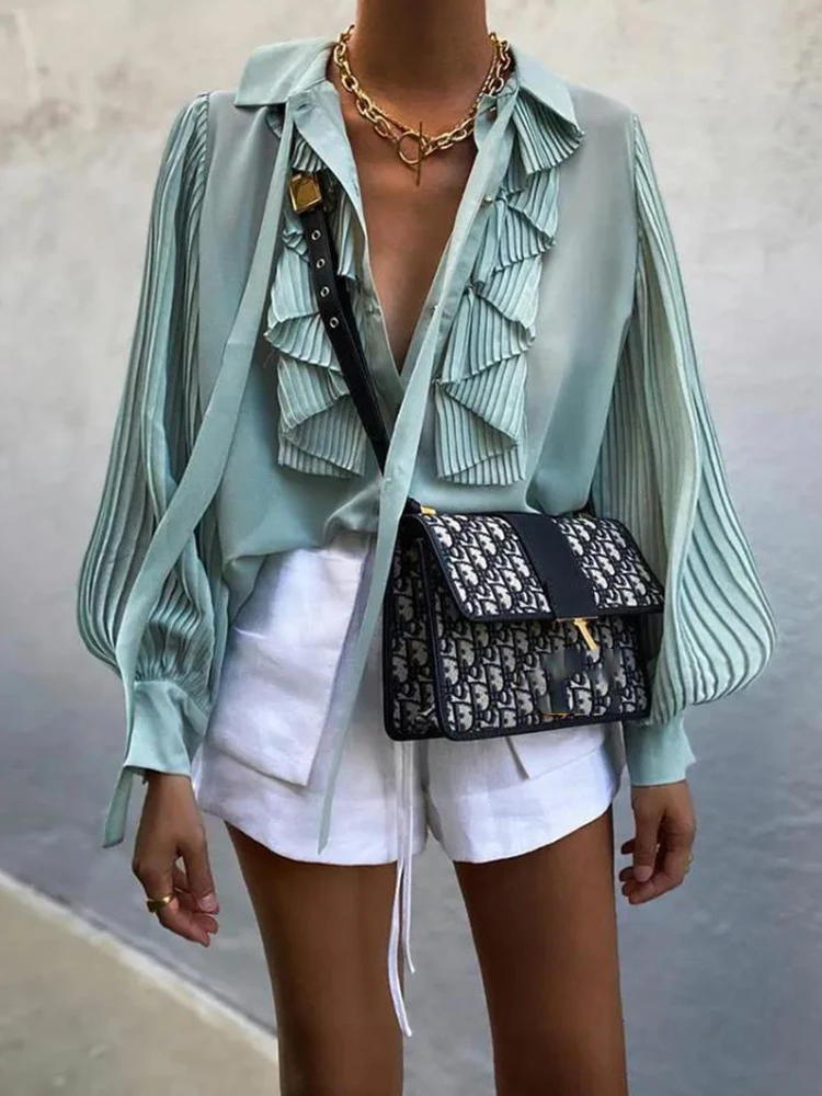 

Korea Casual Shirt Office Lady Green Strapping Lantern Sleeve Ruffle Hem Pleated Blouse Autumn Korea Chic Women Elegant Blouse