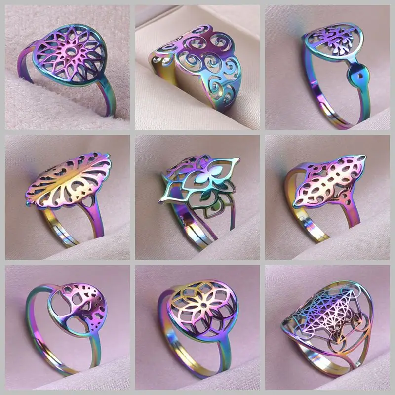 

Vintage Lotus Flower Stainless Steel Rings for Women Tree of Life Filigree Dersign Trendy Product Adjustable Unisex Ring Jewelry