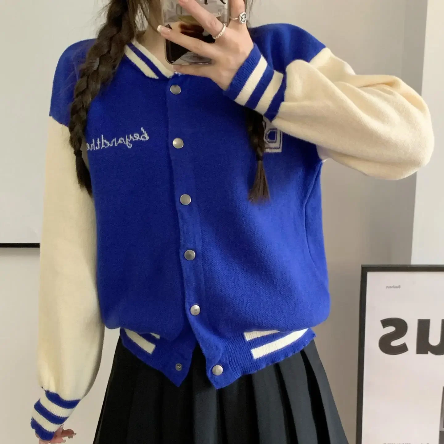 Модный повседневный бейсбольный трикотаж с буквенным принтом вязаный кардиган