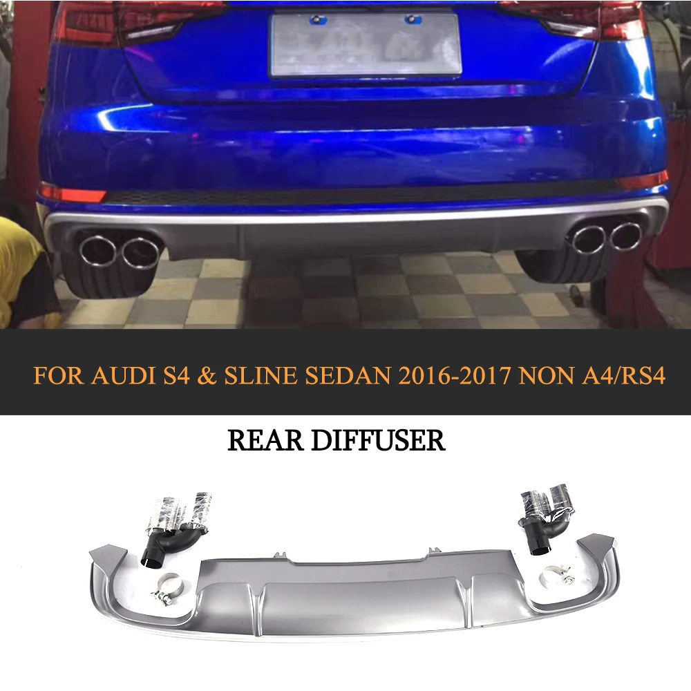 

PP Car Rear Bumper Lip Diffuser With Exhaust Muffler Tips For Audi S4 Sline Sedan 4 Door Non A4 RS4 2016-2017