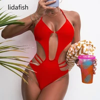 lidafish sexy hollow swimwear women solid red one piece swimsuit femme bodysuit monokini padded bathing suits biquini