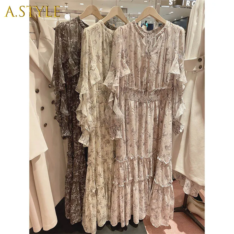 

Женское платье до середины икры, с оборками, круглым вырезом и длинным рукавом