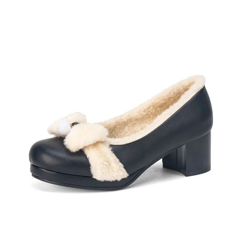 Бесплатная доставка зимние туфли-лодочки на толстом меховом ремешке с