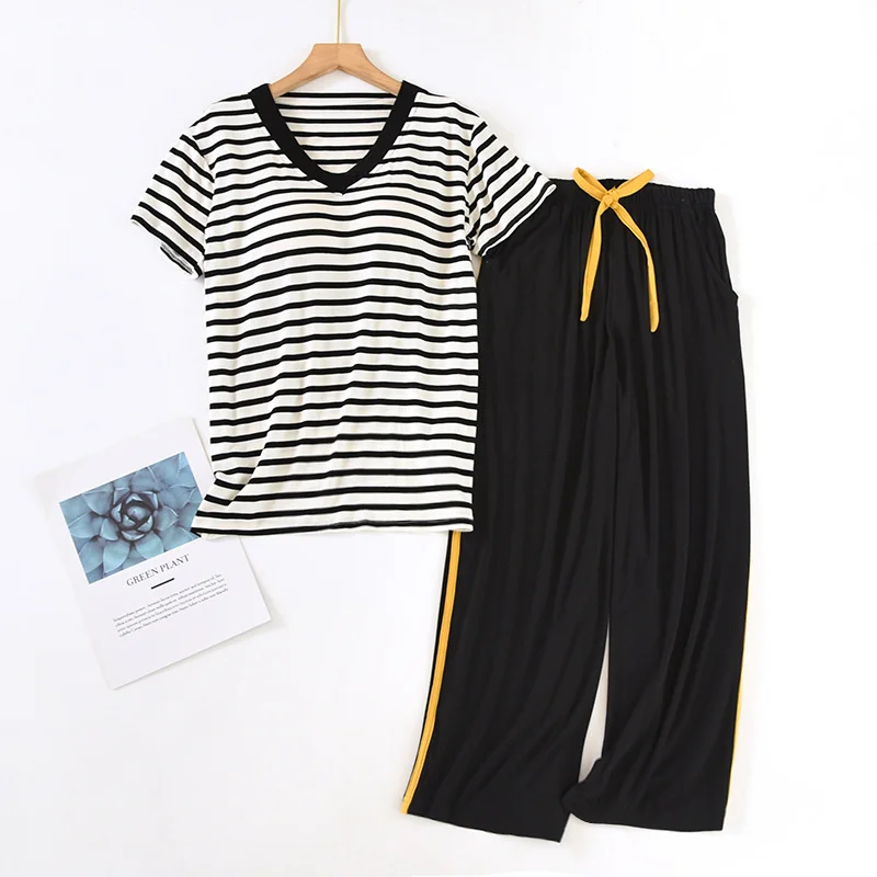 Bra Pajamas Set Short Sleeve T-shirt Pants 2Piece/Set Summer Sexy Stripe Pyjama Plus Size Sweet Homewear Calf-Length Sleepants