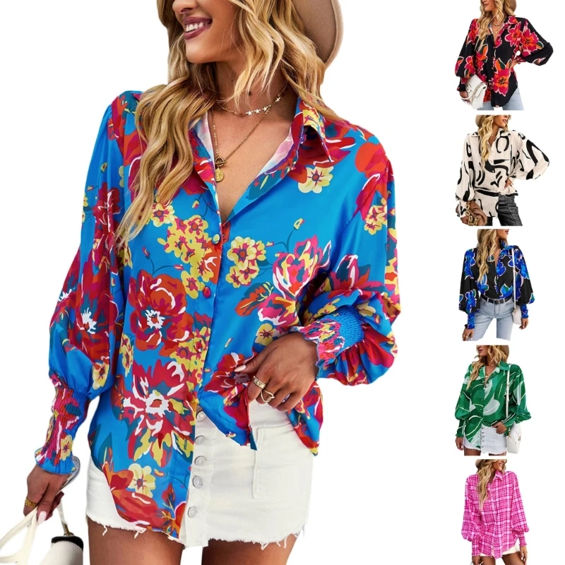 

40GC женские стильные блузки с V-образным вырезом топы с длинными рукавами-фонариками Женская Туника блузка с цветочным принтом Повседневная Свободная рубашка на пуговицах