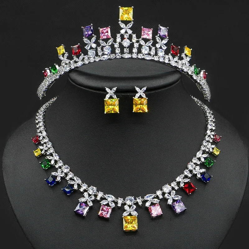 

MYFEIVO Micro-inlaid Zircon Drop 3 Pieces Bridal Jewelry Sets Luxury Crown Necklace Earrings for Female HQ2107