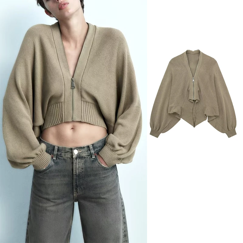 

TRAF 2023 Knit Bomber Jacket Women Oversize Cropped Jacket Woman Autumn Ribbed Jackets for Women Long Sleeve Coats Female Jacket