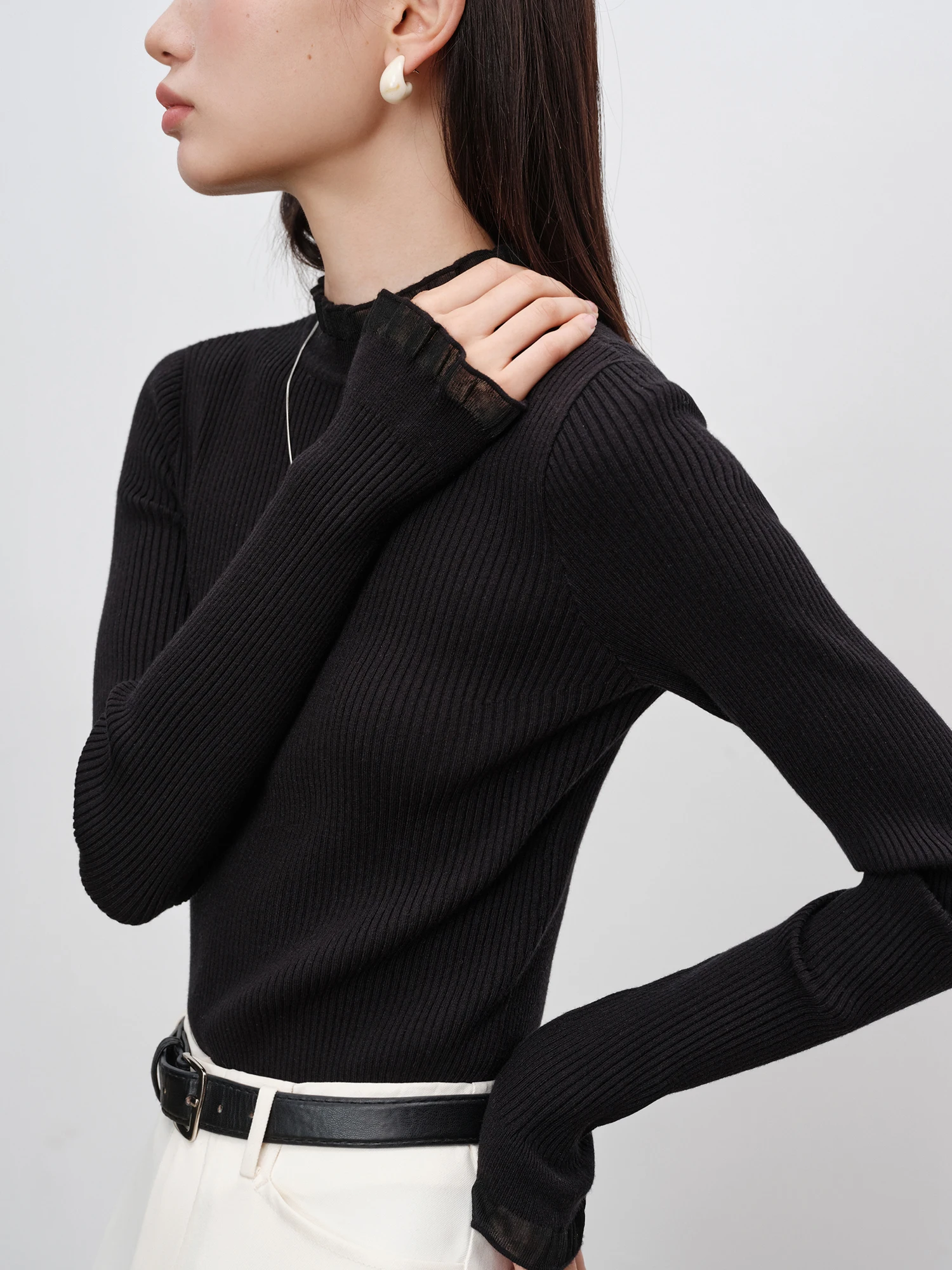 ZIQIAO женские бежевые тонкие пуловеры с оборками дизайн вязаный черный подходящий