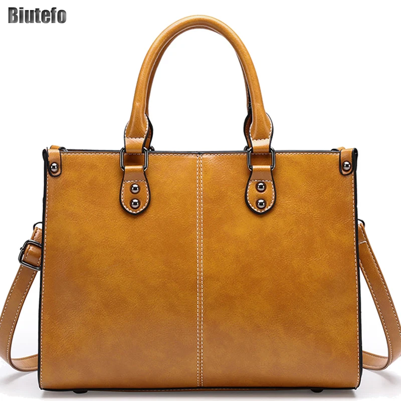 

Biutefo Ladies Tote Bag Retro Oil Wax Leather Shoulder Bags for Women Crossbody Purse Designer Yellow Bolsas Femininas De Luxo