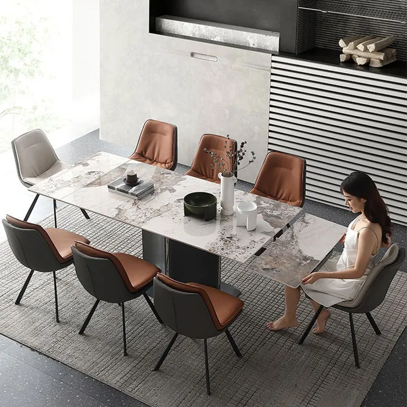 

Retractable Stone Plate Dining Tables and Chairs Set Designer Household Small Apartment Minimalist Multi-Functional Stretch