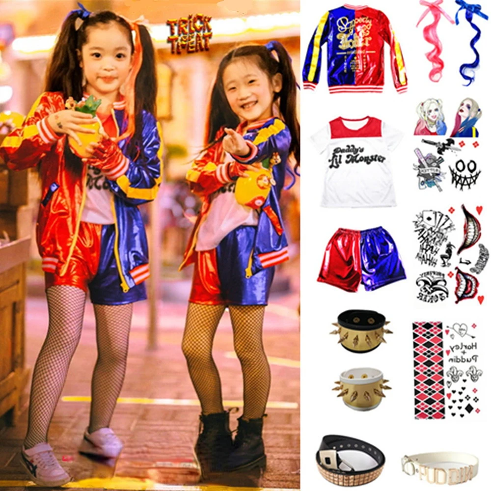 Christmas New Year Purim Party Suicide Harley Cosplay Costumes Kids Girls Squad Quinn Харли Куинн Jacket Sets Clothes