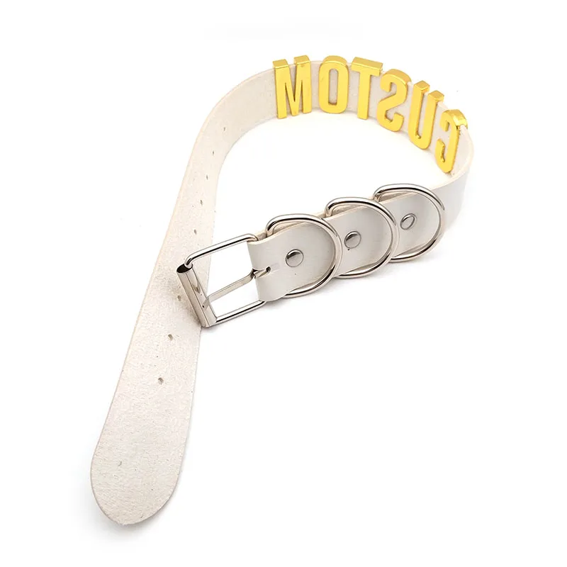 30MM Punk Gold Letters Soft White PU Leather Collars Customized Slave Choker Necklace Sexy Belt BDSM Sex Cosplay Party Jewelry