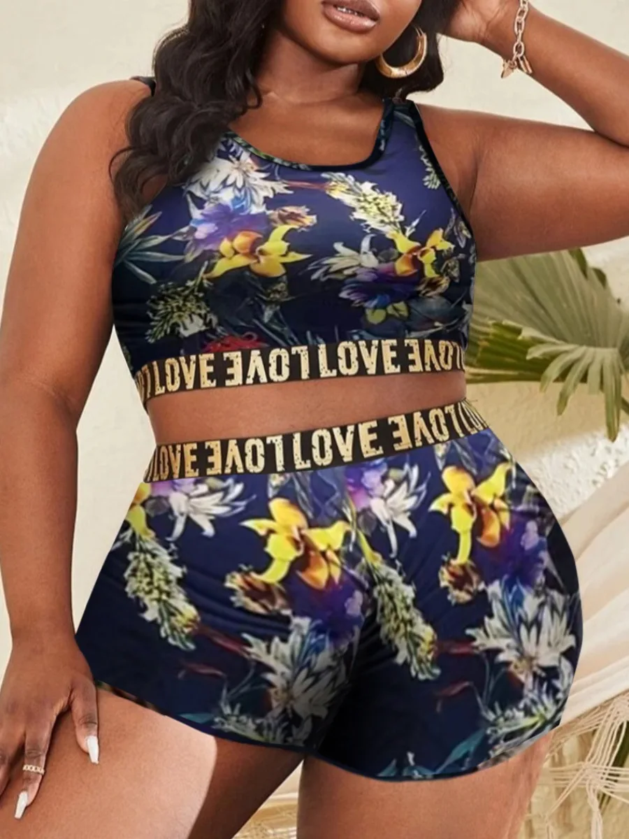 LW Plus Size Summer Women Two Piece Crop Top Letter Print Shorts Set Skinny Taped Tank Floral Biker Pants Female Matching Outfit