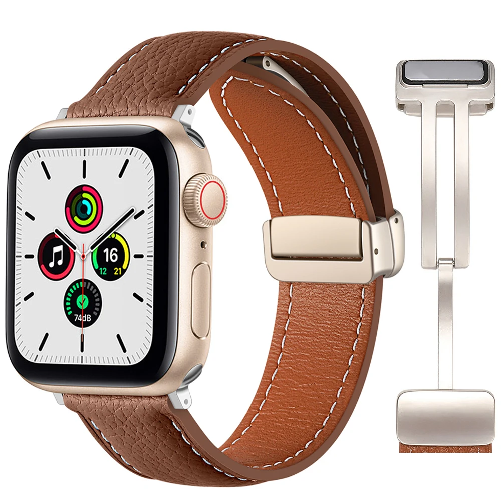 

Magnetic buckle Strap For Apple Watch Band Ultra 49mm 45mm 44mm iwatch series 8 7 6 5 4 3 se 41mm 40mm Genuine Leather Bracelet
