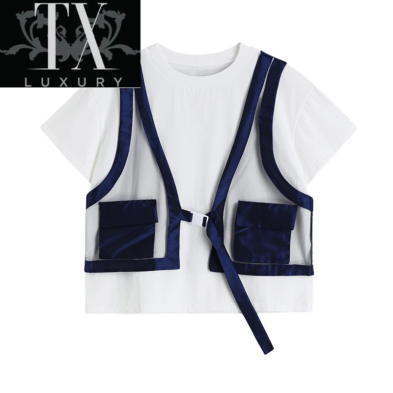 

Women Simplicity Fashion Short Sleeves TShirt Patchwork Vest Waistband Novelty Vintage Streetwear Girls Summer Harajuku Top