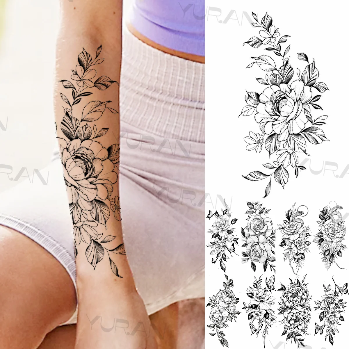 

Large Rose Flower Temporary Tattoos For Women Girls Realistic Snake Butterfly Flora Fake Tattoo Sticker Forearm Waist Tatoos 3D